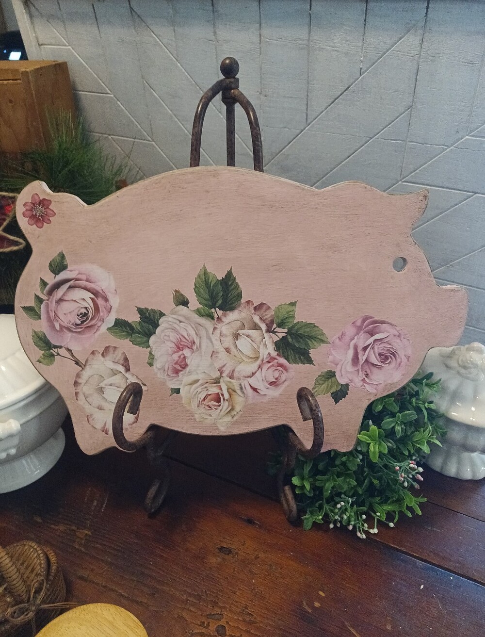 Pink Floral Pig Wooden Bread  Board For Display - Charming Home Accent